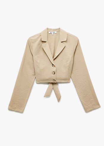 Bej Keten Düğmeli Kısa Kadın Blazer