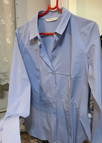 Basic Dar Kesim Mavi Gömlek - Görsel 5