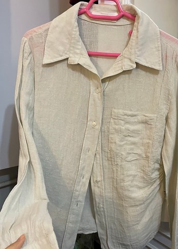 MANGO Drape Detaylı Keten Ekru Gömlek - Görsel 4