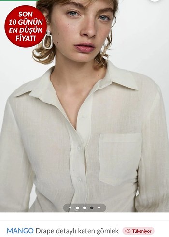 MANGO Drape Detaylı Keten Ekru Gömlek - Görsel 3