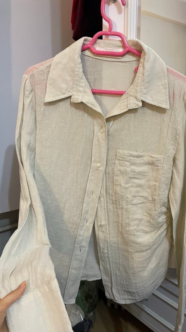 MANGO Drape Detaylı Keten Ekru Gömlek - Görsel 4