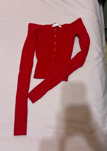 Düğmeli Kırmızı Uzun Kollu Crop Top - Görsel 3