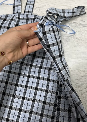 Ekose Desenli Mini Askılı Elbise - Görsel 4