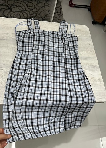 Ekose Desenli Mini Askılı Elbise - Görsel 3