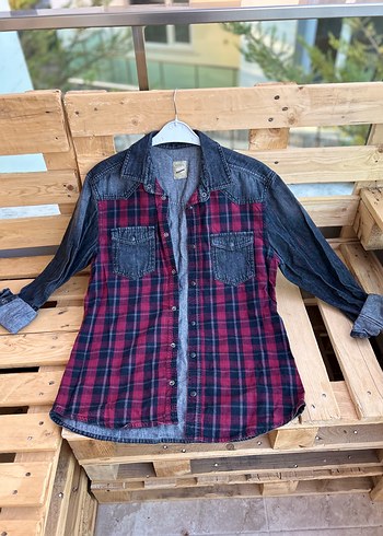 Bordo Ekose Denim Kadın Gömlek
