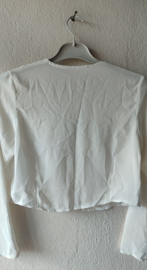 Beyaz Keten Uzun Kollu Bolero - Görsel 3