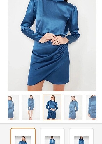 Saks mavisi dik yaka saten mini elbise