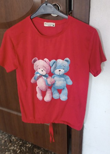 Kısa Kollu Kırmızı Baskılı Kız Tişörtü - Görsel 4