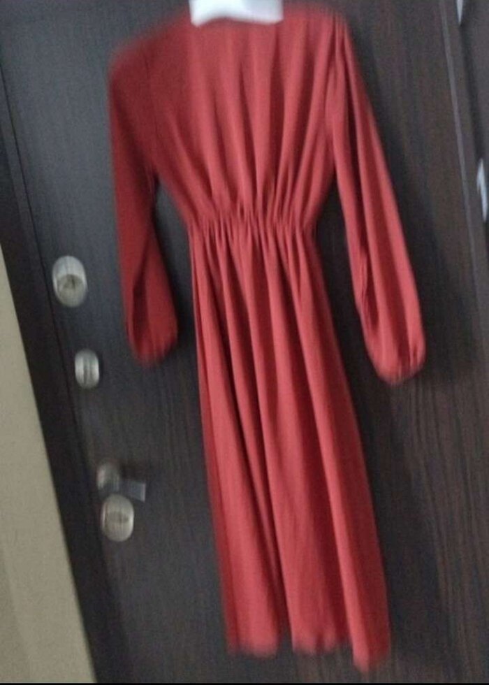 Koyu Kırmızı Uzun Kollu V Yakalı Uzun Elbise - Görsel 2