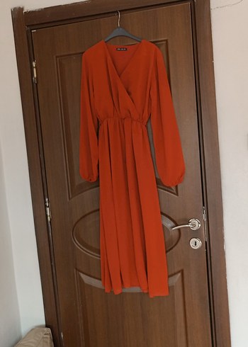 xl Beden kırmızı Renk turuncu İpek Görünümlü Uzun Elbise