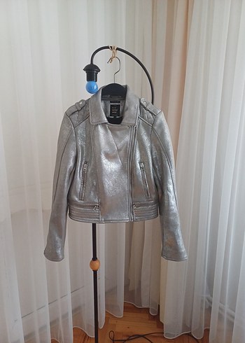 ZARA Metalik Gri Biker Nubuk Ceket Kadın - Görsel 5