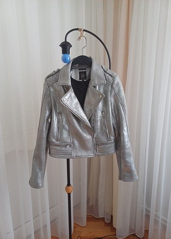 ZARA Metalik Gri Biker Nubuk Ceket Kadın - Görsel 3