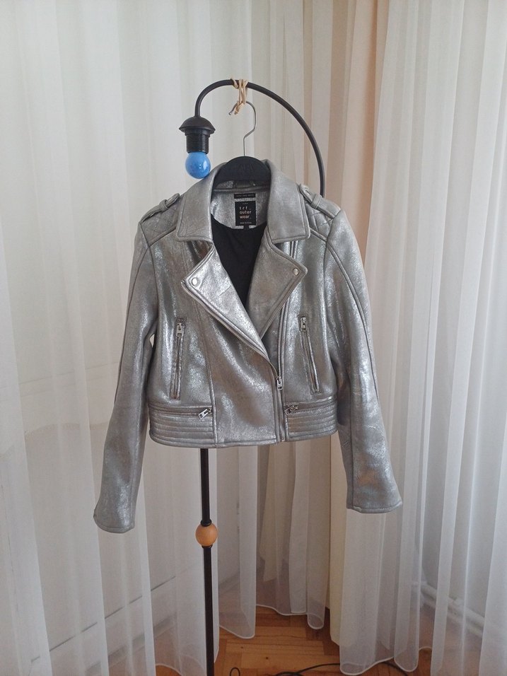 ZARA Metalik Gri Biker Nubuk Ceket Kadın - Görsel 3