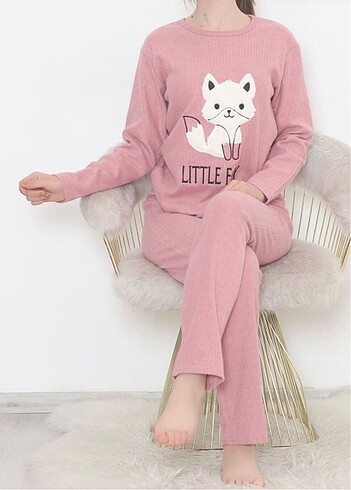 m Beden pembe Renk Nakışlı Fitilli Pijama Takımı
