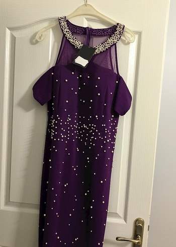 İnci İşlemeli Uzun Mor V Yaka Abiye Elbise - Görsel 5