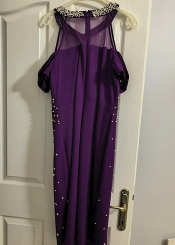 İnci İşlemeli Uzun Mor V Yaka Abiye Elbise - Görsel 6