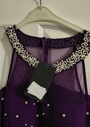 İnci İşlemeli Uzun Mor V Yaka Abiye Elbise - Görsel 3