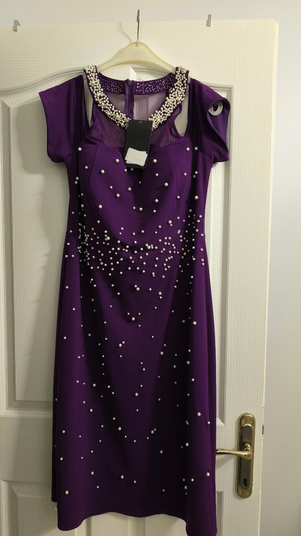 İnci İşlemeli Uzun Mor V Yaka Abiye Elbise - Görsel 4