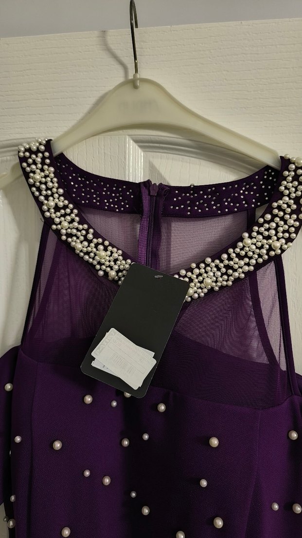 İnci İşlemeli Uzun Mor V Yaka Abiye Elbise - Görsel 3