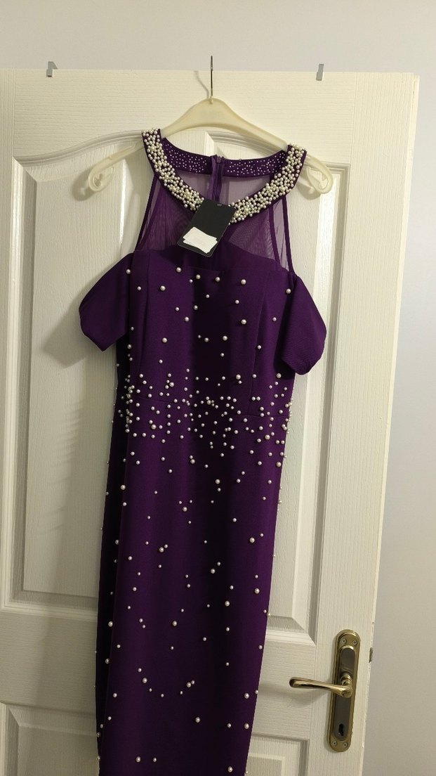 İnci İşlemeli Uzun Mor V Yaka Abiye Elbise - Görsel 2