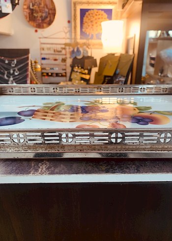 Bordo Üzüm ve Meyve Desenli taş tepsi - Görsel 4