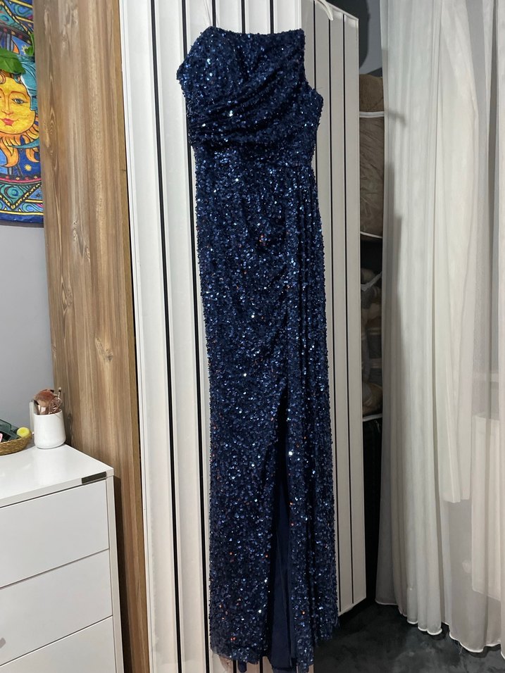 Lacivert pullu Uzun Straplez Abiye Elbise - Görsel 2