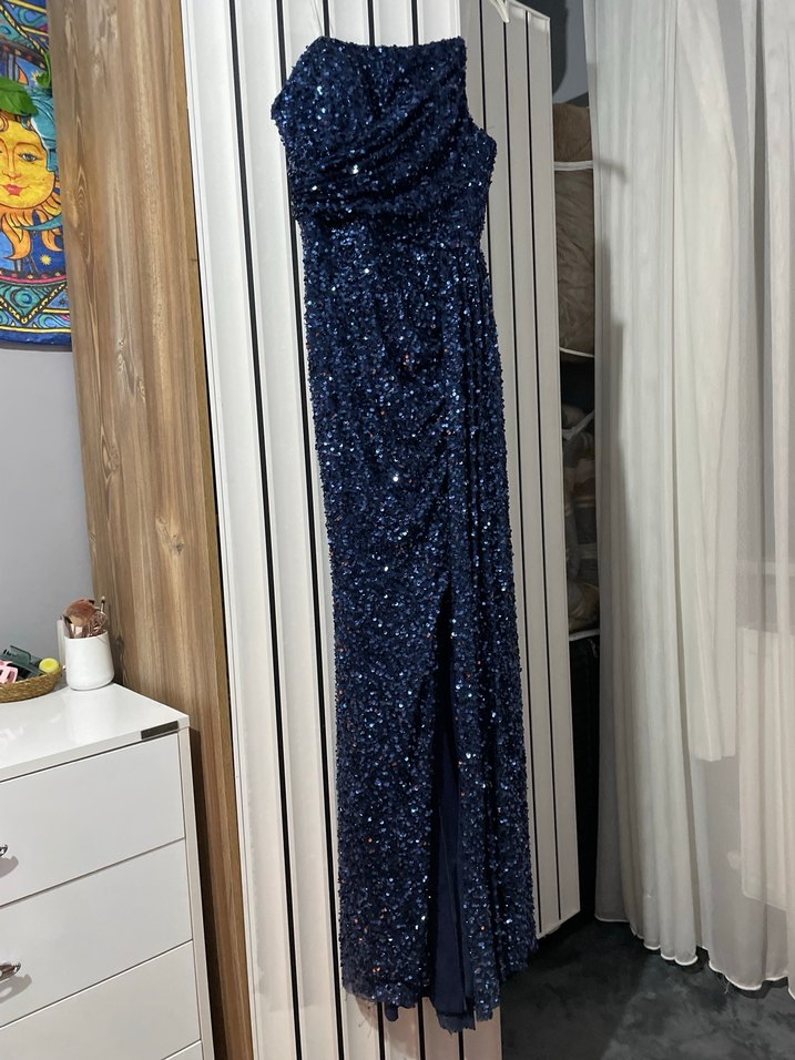 Lacivert pullu Uzun Straplez Abiye Elbise - Görsel 3