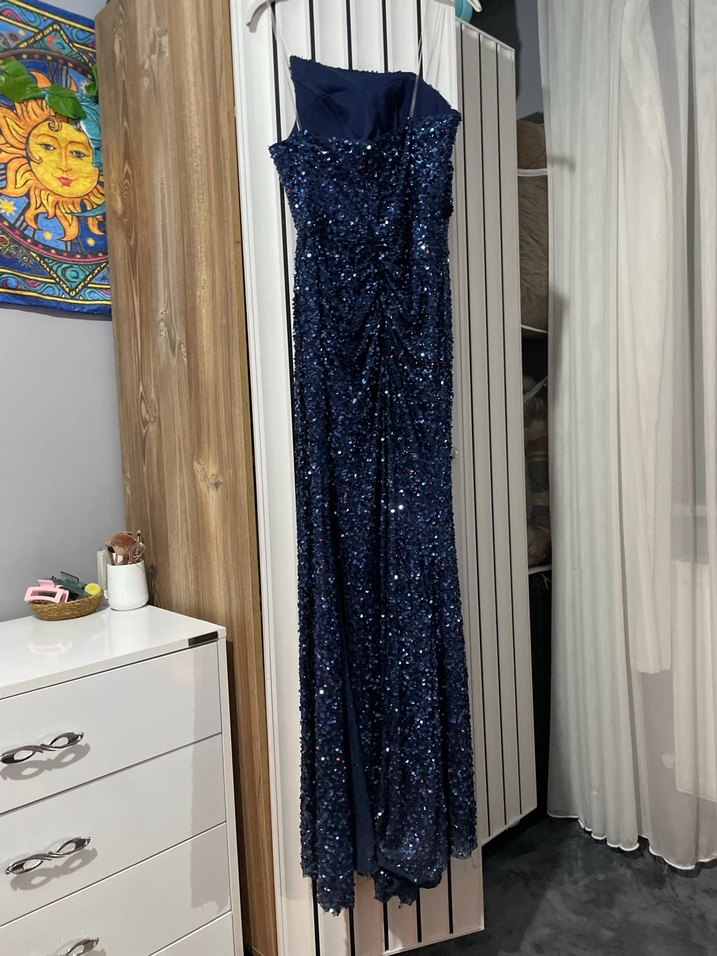 Lacivert pullu Uzun Straplez Abiye Elbise - Görsel 4