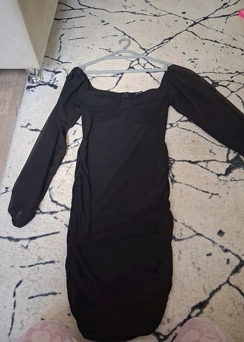 40 Beden Siyah Drapeli V Yaka Gotik Mini Elbise