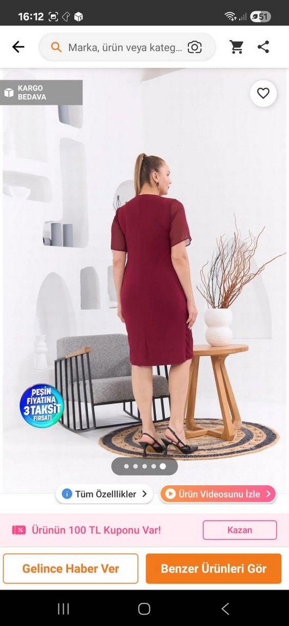 Bordo Mini V Yaka Kemerli Kadın Elbise - Görsel 2