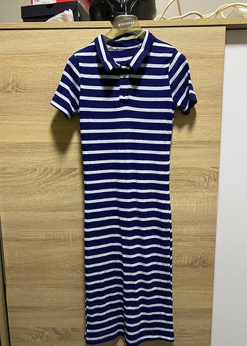 Lacivert Çizgili Polo Yaka Midi Elbise