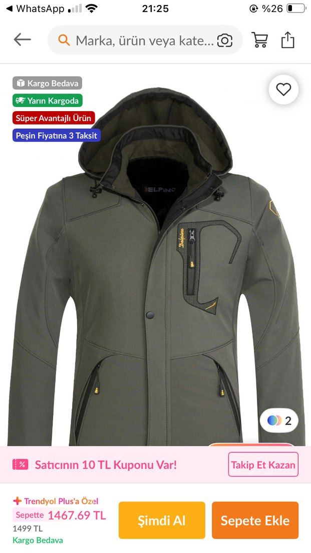 Kapüşonlu Haki Erkek Mont - Görsel 4