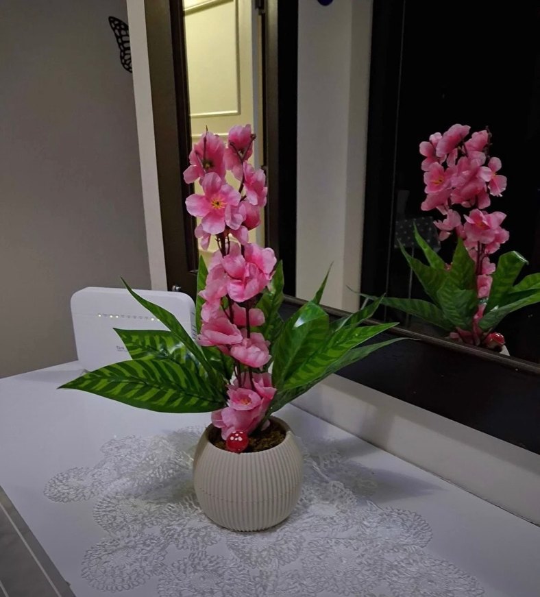 Pembe Yapay Çiçekli Dekoratif Saksı - Görsel 4