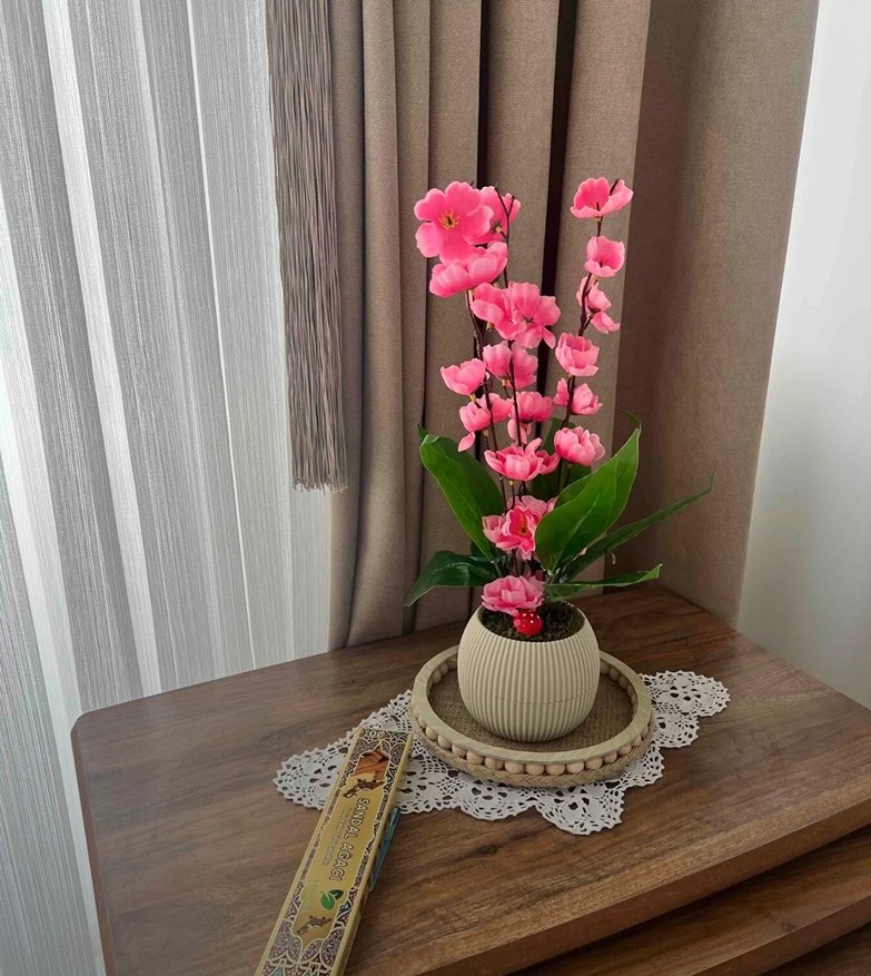 Pembe Yapay Çiçekli Dekoratif Saksı - Görsel 3