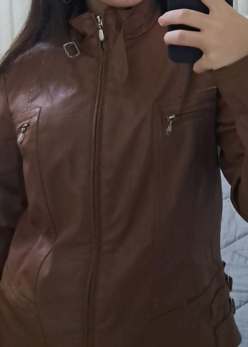Kahverengi Deri Kemerli Biker Ceket - Görsel 2