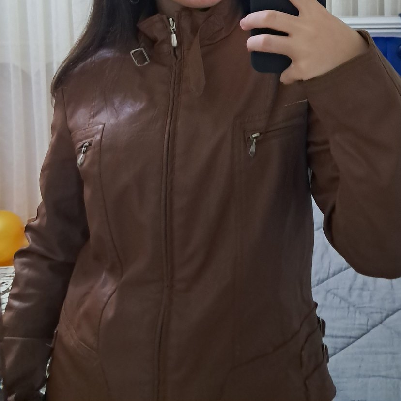 Kahverengi Deri Kemerli Biker Ceket - Görsel 2