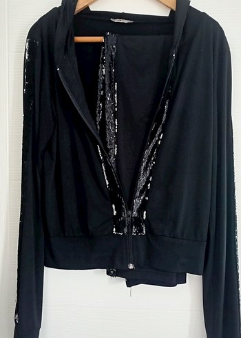 Siyah Kapüşonlu Payetli Fermuarlı Eşofman Takım - Görsel 4