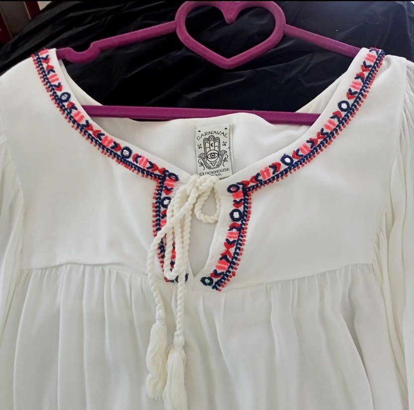 Nakışlı V Yaka Bohem Pamuk Bluz - Görsel 4