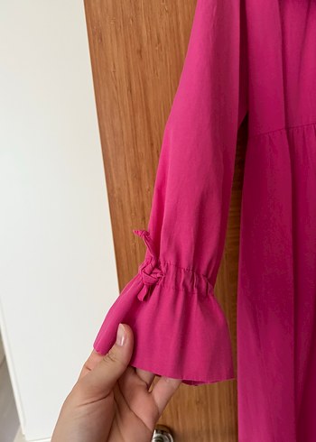 Pembe Uzun Keten Elbise, Fırfırlı, Salaş - Görsel 3