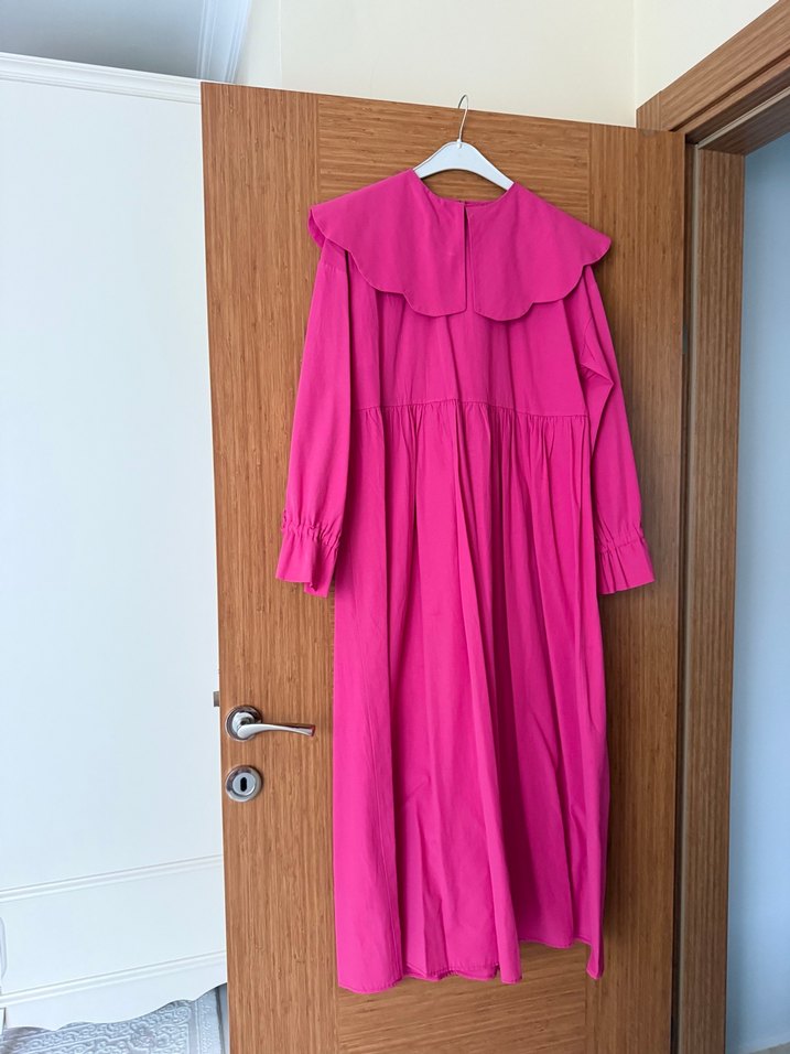 Pembe Uzun Keten Elbise, Fırfırlı, Salaş - Görsel 2