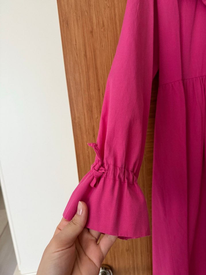 Pembe Uzun Keten Elbise, Fırfırlı, Salaş - Görsel 3