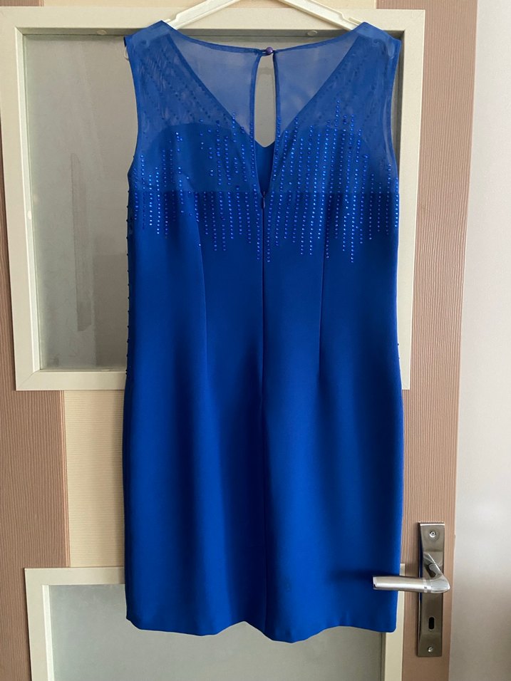 Mavi Parlak Midi V Yakalı Abiye Elbise - Görsel 2