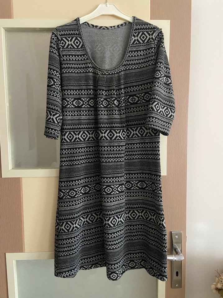Gri Bohem Desenli Triko Kadın Elbise - Görsel 2