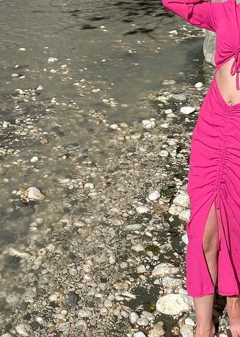 Pembe Drapeli Uzun Kadın Elbisesi