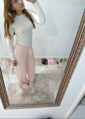 Toz Pembe Kadın Bol Eşofman Altı - Görsel 2