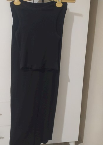 Siyah Yüksek Yakalı Kolsuz Kadın takım etek crop - Görsel 2