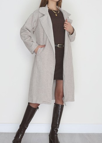 Gri Süet Kemerli Midi Kadın Kaban - Görsel 3