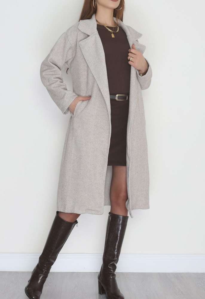 Gri Süet Kemerli Midi Kadın Kaban - Görsel 3