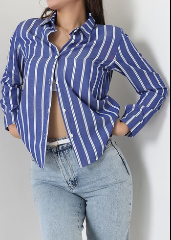 Mavi Çizgili Uzun Kollu Kadın Gömlek - Görsel 2
