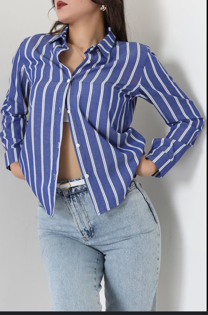 Mavi Çizgili Uzun Kollu Kadın Gömlek - Görsel 2